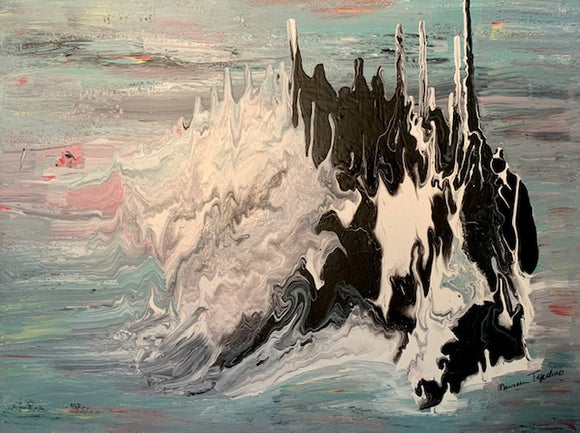 Abstract art exploring the interplay of light and color, crashing ocean waves, ocean art, water art, ocean, abstract art, abstract contemporary, original art, original artwork, blues, light blue art, waves, black and white, white, black, pink, soft colors, pastel art