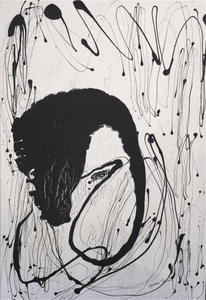 Deep In Thought $2,900 - Design By Maureen deep in thought, black and white, figurative art, elvis art, prince art, abstract expressionism, abstract figurative art, man art, face of a man, thinking art, pondering art, thoughtful art, white, black, brushstrokes, acrylic art, acrylic on canvas