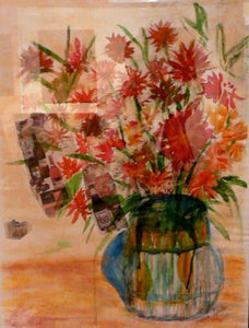 Floral Centerpiece $1,900 - Design By Maureen floral centerpiece, floral painting, flower painting, flowers in vase, pretty flower painting, abstract painting, contemporary art, modern art, exquisite floral arrangement painting, vibrant colorful flower painting, red, pink, orange, green, blue, colorful art, den art, kitchen art, interior design art, indoor art, living room art, bedroom art, captivating bouquet art, still life