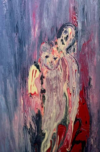 Joined At The Hip $2,500 - Design By Maureen joined at the hip painting, red, purple, pink, black, togetherness art, twin art, colorful art, figurative abstract art, modern painting, contemporary modern painting, connected figures art, interlocked figures painting, strong connection art, magnetic connection art, love art, kinship painting, den art, bedroom art, office art, vibrant painting