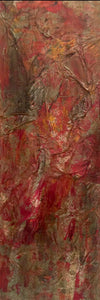 Love Your Horse $1,500 - Design By Maureen abstract art, mixed media artwork, vertical painting, red, brown, warm colored art, fall color art, horse lover art, horse love art, rider's devotion art, loving horse scene, abstract art scene, figurative art, contemporary figurative art, caring for horses painting, equine affection artwork, horse love art